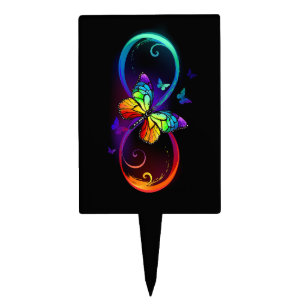 Vibrant infinity with rainbow butterfly on black cake topper