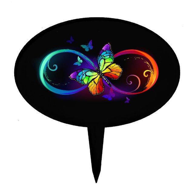 Vibrant infinity with rainbow butterfly on black cake topper (Front)