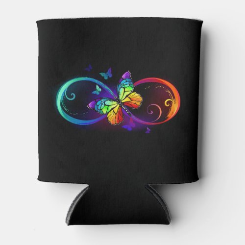 Vibrant infinity with rainbow butterfly on black can cooler