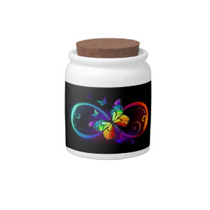 Vibrant infinity with rainbow butterfly on black candy jar