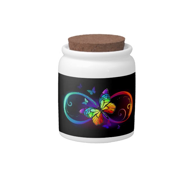 Vibrant infinity with rainbow butterfly on black candy jar (Front)