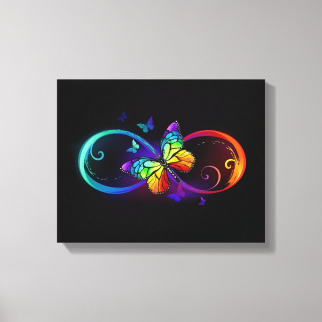 Vibrant infinity with rainbow butterfly on black  canvas print (Front)
