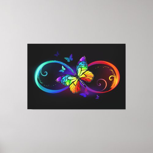 Vibrant infinity with rainbow butterfly on black canvas print