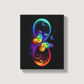 Vibrant infinity with rainbow butterfly on black canvas print
