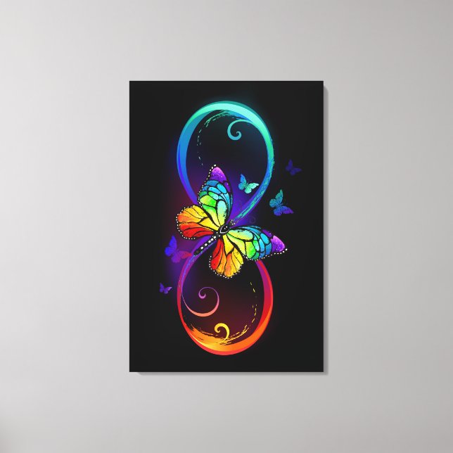 Vibrant infinity with rainbow butterfly on black canvas print (Front)