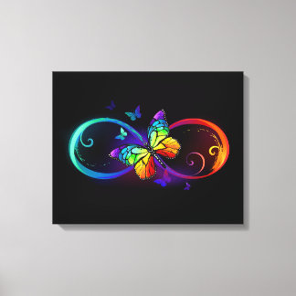 Vibrant infinity with rainbow butterfly on black canvas print