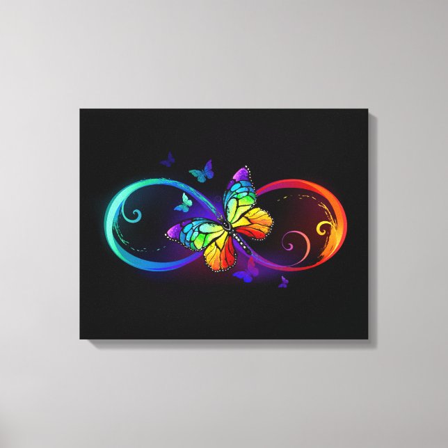 Vibrant infinity with rainbow butterfly on black canvas print (Front)