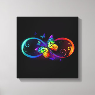 Vibrant infinity with rainbow butterfly on black canvas print