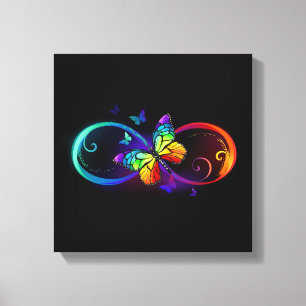 Vibrant infinity with rainbow butterfly on black canvas print