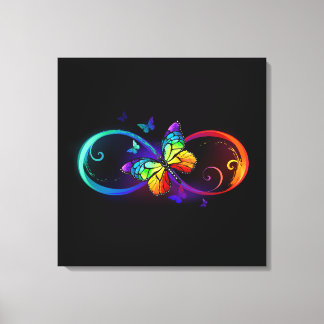 Vibrant infinity with rainbow butterfly on black canvas print