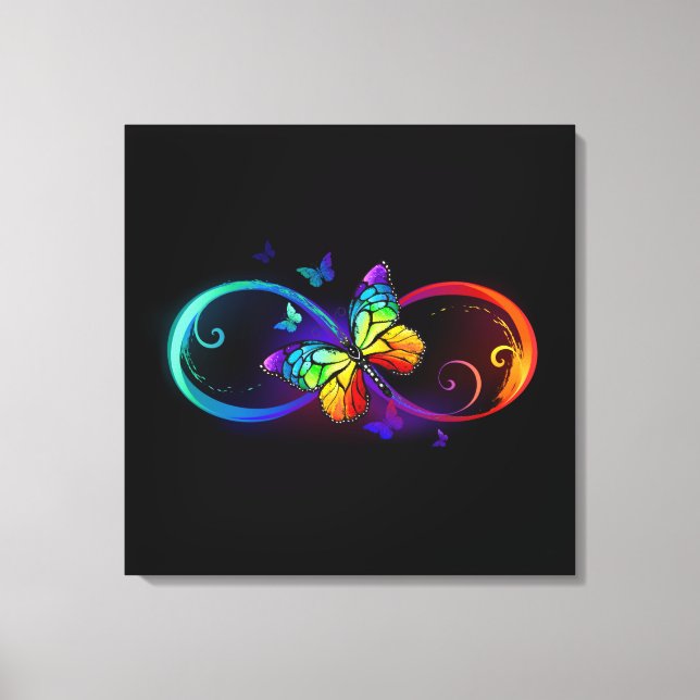 Vibrant infinity with rainbow butterfly on black canvas print (Front)
