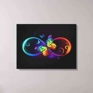 Vibrant infinity with rainbow butterfly on black canvas print