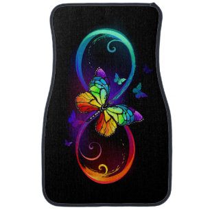 Vibrant infinity with rainbow butterfly on black car floor mat