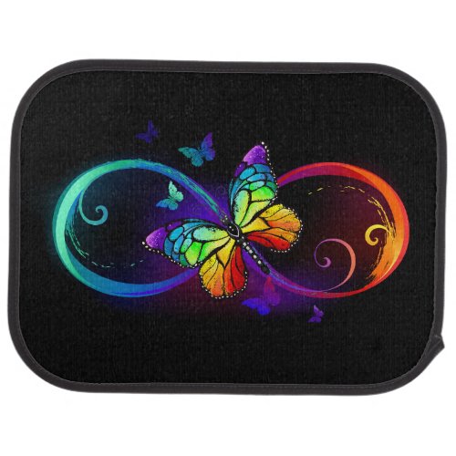 Vibrant infinity with rainbow butterfly on black car floor mat