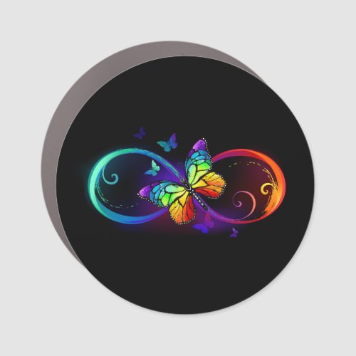 Vibrant infinity with rainbow butterfly on black car magnet