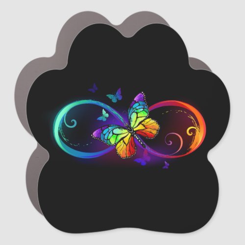 Vibrant infinity with rainbow butterfly on black car magnet