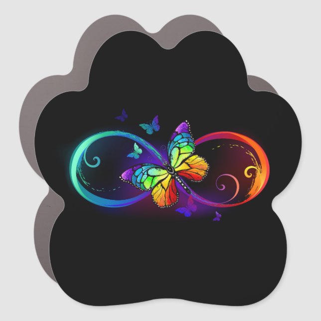 Vibrant infinity with rainbow butterfly on black car magnet (Front)