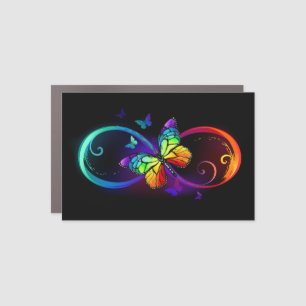 Vibrant infinity with rainbow butterfly on black car magnet