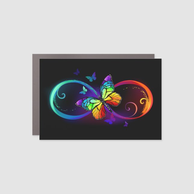 Vibrant infinity with rainbow butterfly on black car magnet (Front)