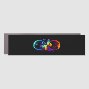 Vibrant infinity with rainbow butterfly on black car magnet