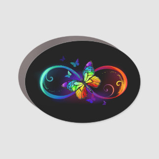 Vibrant infinity with rainbow butterfly on black car magnet