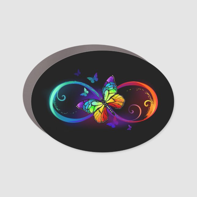 Vibrant infinity with rainbow butterfly on black car magnet (Front)