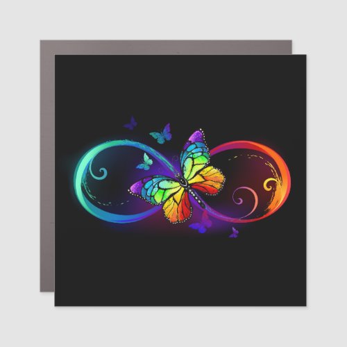 Vibrant infinity with rainbow butterfly on black car magnet