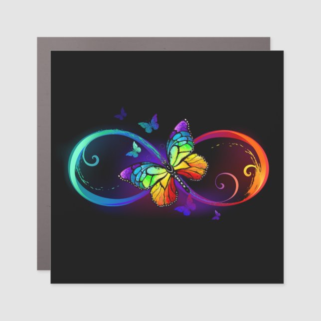 Vibrant infinity with rainbow butterfly on black car magnet (Front)