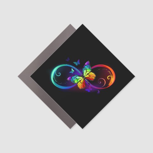 Vibrant infinity with rainbow butterfly on black car magnet