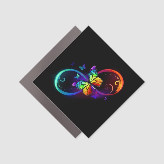 Vibrant infinity with rainbow butterfly on black car magnet (Front)