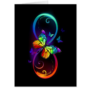 Vibrant infinity with rainbow butterfly on black card
