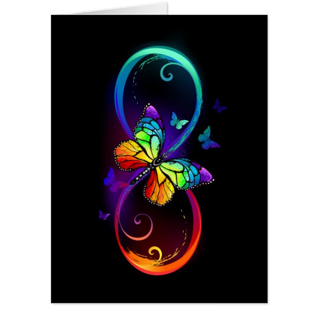 Vibrant infinity with rainbow butterfly on black card (Front)