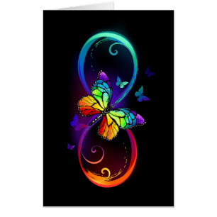 Vibrant infinity with rainbow butterfly on black card