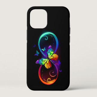 Vibrant infinity with rainbow butterfly on black iPhone 12 mini case