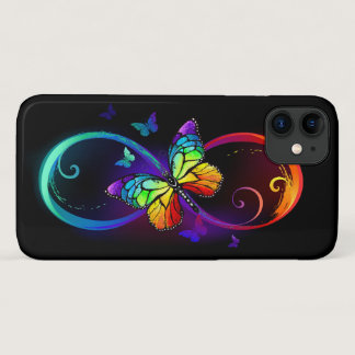 Vibrant infinity with rainbow butterfly on black  iPhone 11 case
