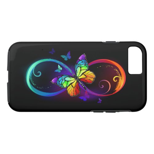 Vibrant infinity with rainbow butterfly on black iPhone 87 case