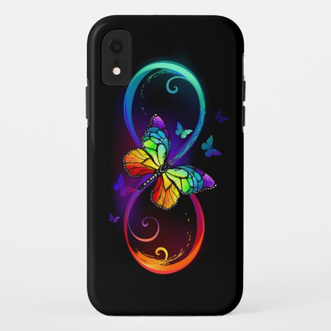 Vibrant infinity with rainbow butterfly on black Case-Mate iPhone case (Back)