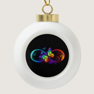 Vibrant infinity with rainbow butterfly on black ceramic ball christmas ornament