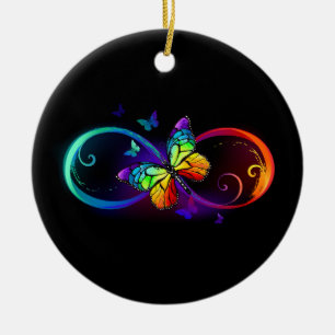 Vibrant infinity with rainbow butterfly on black ceramic ornament
