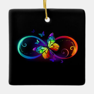 Vibrant infinity with rainbow butterfly on black ceramic ornament