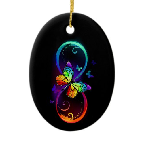 Vibrant infinity with rainbow butterfly on black ceramic ornament