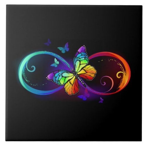 Vibrant infinity with rainbow butterfly on black  ceramic tile