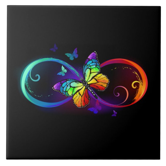 Vibrant infinity with rainbow butterfly on black  ceramic tile (Front)