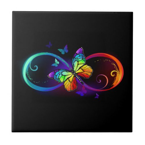 Vibrant infinity with rainbow butterfly on black ceramic tile