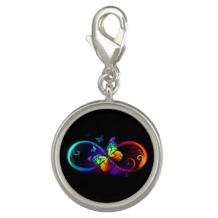 Vibrant infinity with rainbow butterfly on black charm
