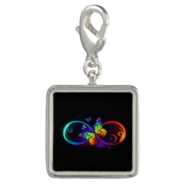 Vibrant infinity with rainbow butterfly on black charm (Front)