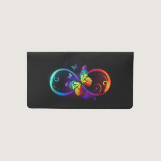 Vibrant infinity with rainbow butterfly on black checkbook cover