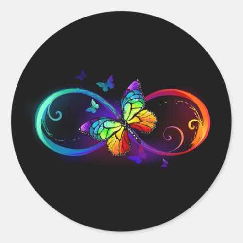 Vibrant infinity with rainbow butterfly on black classic round sticker