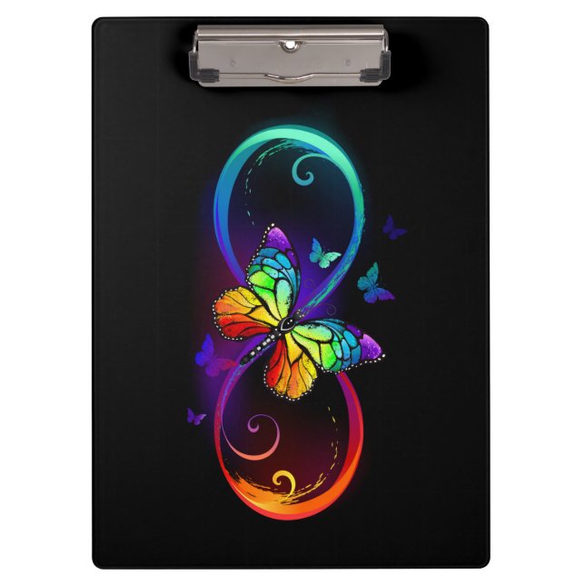 Vibrant infinity with rainbow butterfly on black  clipboard (Front)