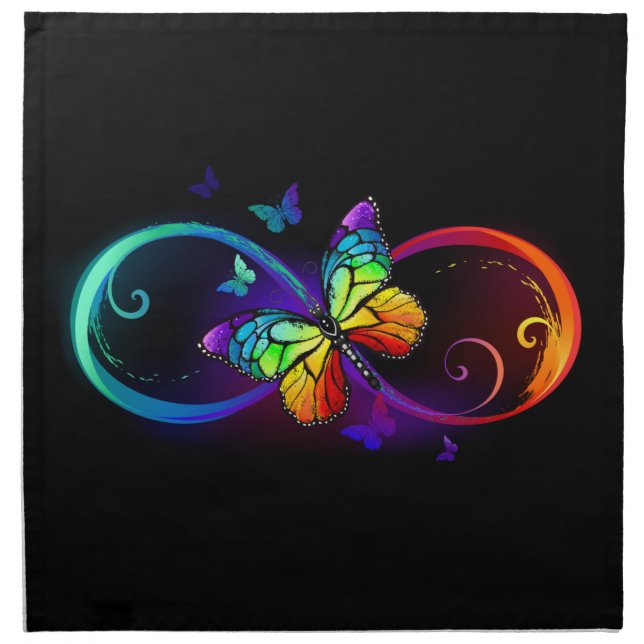 Vibrant infinity with rainbow butterfly on black cloth napkin (Front)